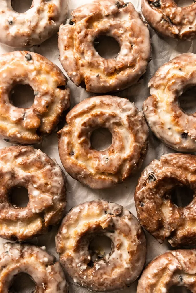 A tray of fresh blueberry old fashioned donuts with crackled glaze, from Michaels Bakery in Orrville, Ohio