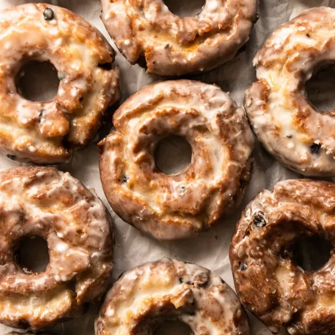 Blueberry Old Fashioned donuts with crackled glaze and real blueberries baked in, from Michaels Bakery in Orrville, Ohio