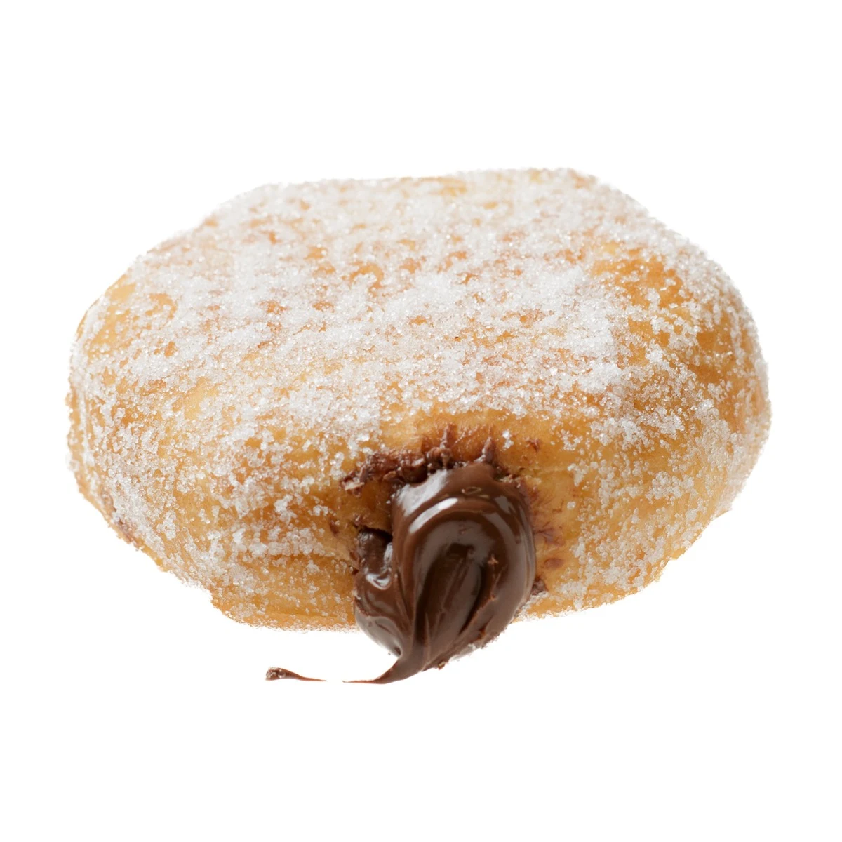 A single Nutella Bombolone with sugar coating and Nutella oozing from the side, from Michaels Bakery in Orrville, Ohio