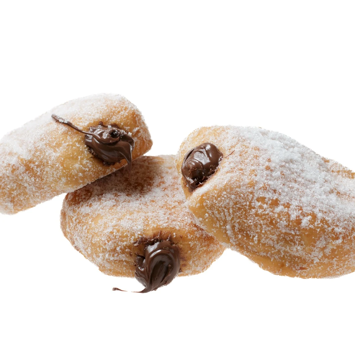 Three Nutella Bombolone donuts stacked together, each with Nutella visible at the opening