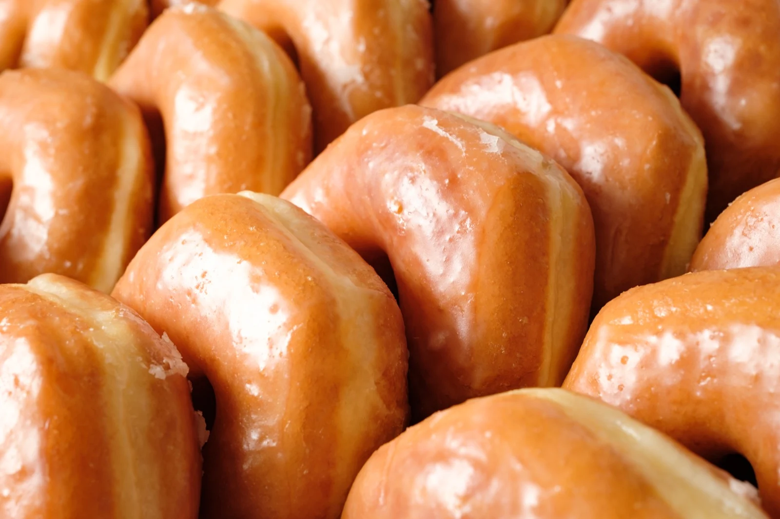 A full tray of fresh glazed donuts from the morning bake at Michaels Bakery in Orrville, Ohio